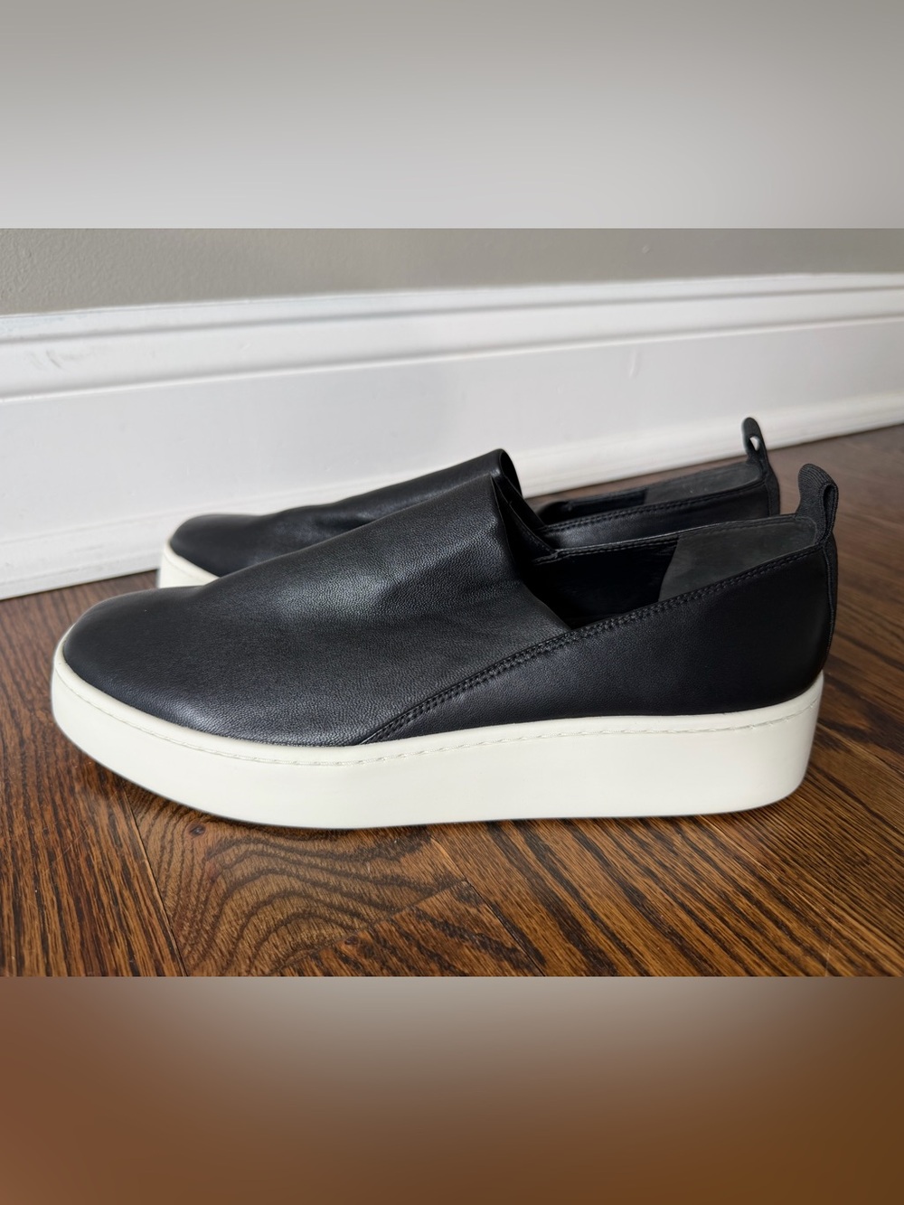 Vince Black Leather Slip-On Sneakers with White Sole